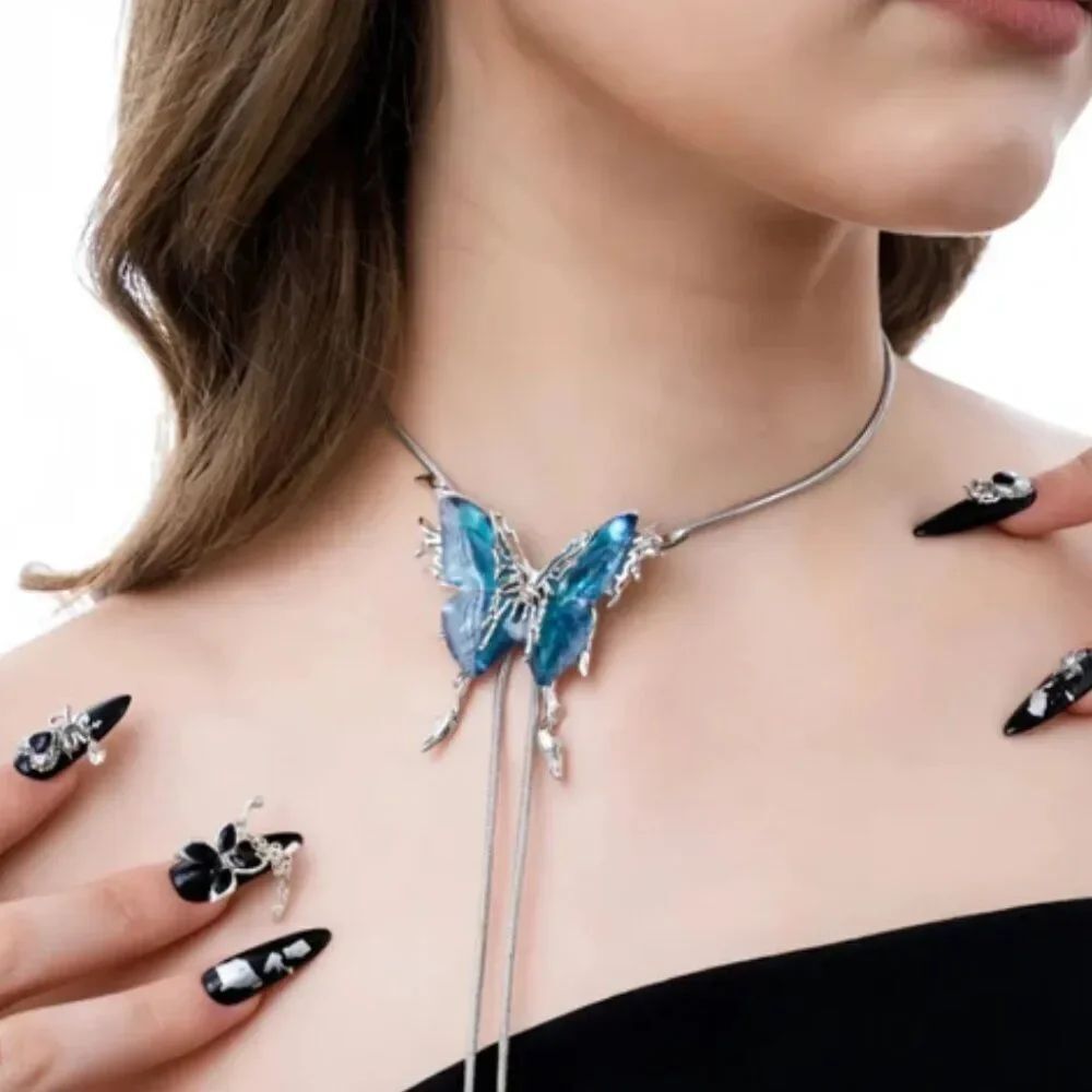 Lariat Necklace-Choker Butterfly Blue Wings Silver Plated Pendant Adjustable